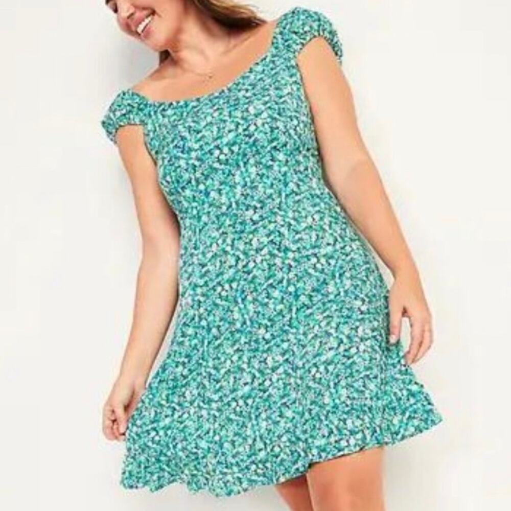 Old Navy Fit & Flare Blue Green Puff Sleeve Dress Size M